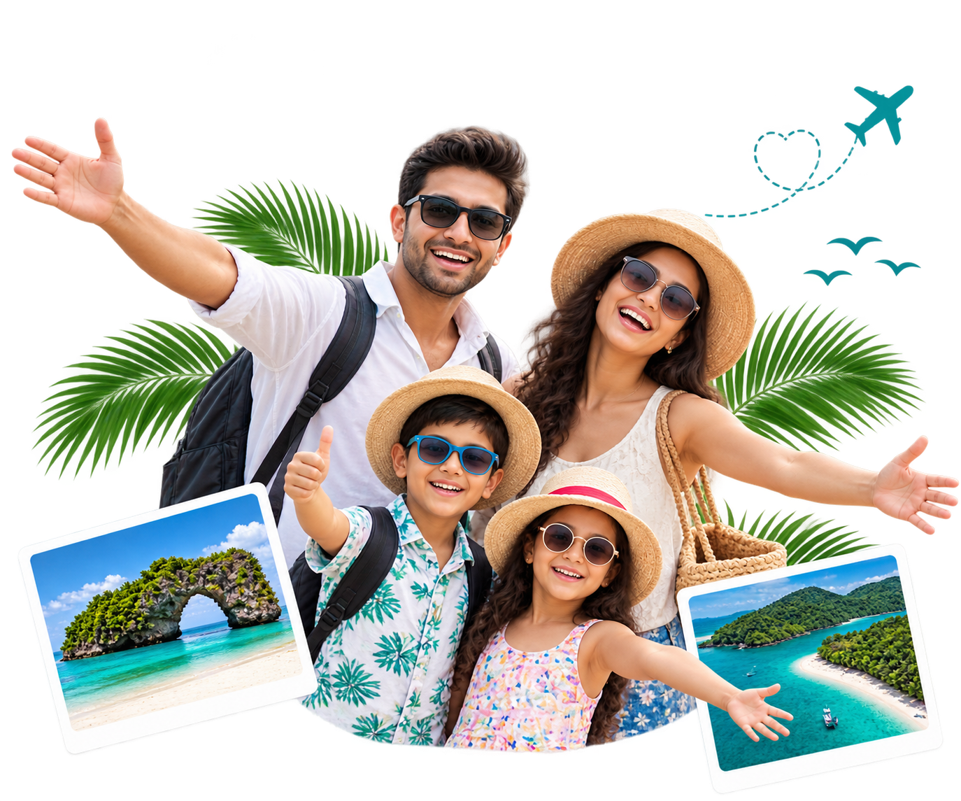 A family ready for an Andaman holiday, with island snapshots of a sea arch and a hidden cove