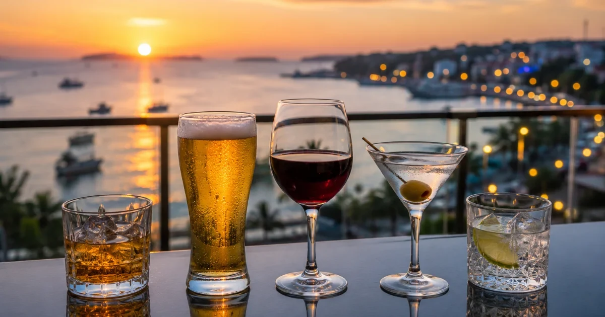 Alcoholic drinks with a sunset view at a licensed rooftop restaurant in Port Blair