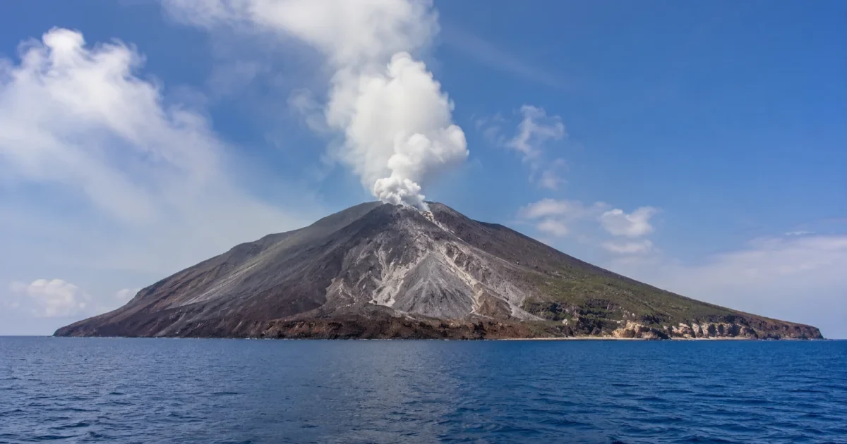 View of Barren Island volcano from a sightseeing boat in the Andaman Sea.