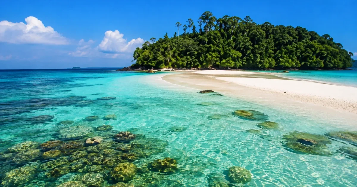 Panoramic view of Cinque Island in the Andaman Islands featuring a white sandbar, crystal-clear turquoise waters, lush tropical forest, and coral-rich shoreline.