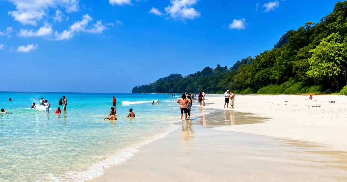 White sand, turquoise sea and tropical forest at Radhanagar Beach on Havelock Island