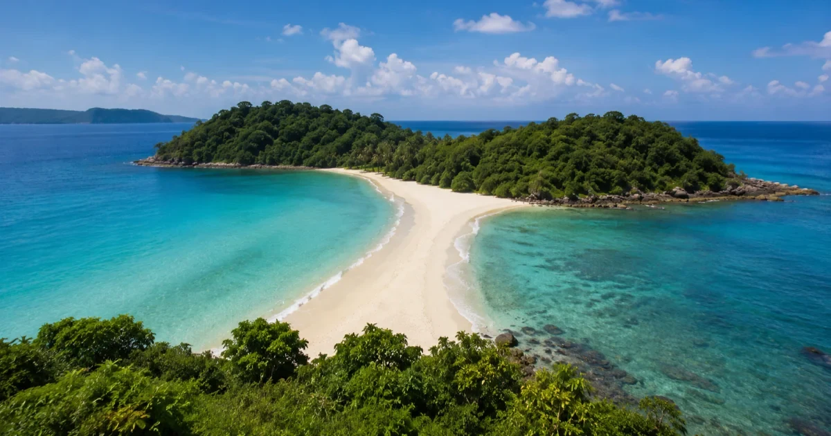Aerial view of Ross and Smith Island in Diglipur, Andaman Islands, showing the natural white-sand sandbar connecting the twin islands with crystal-clear turquoise waters.